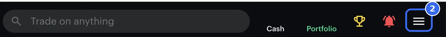 The right end of Kalshi&rsquo;s top bar, with the three-line menu button ringed