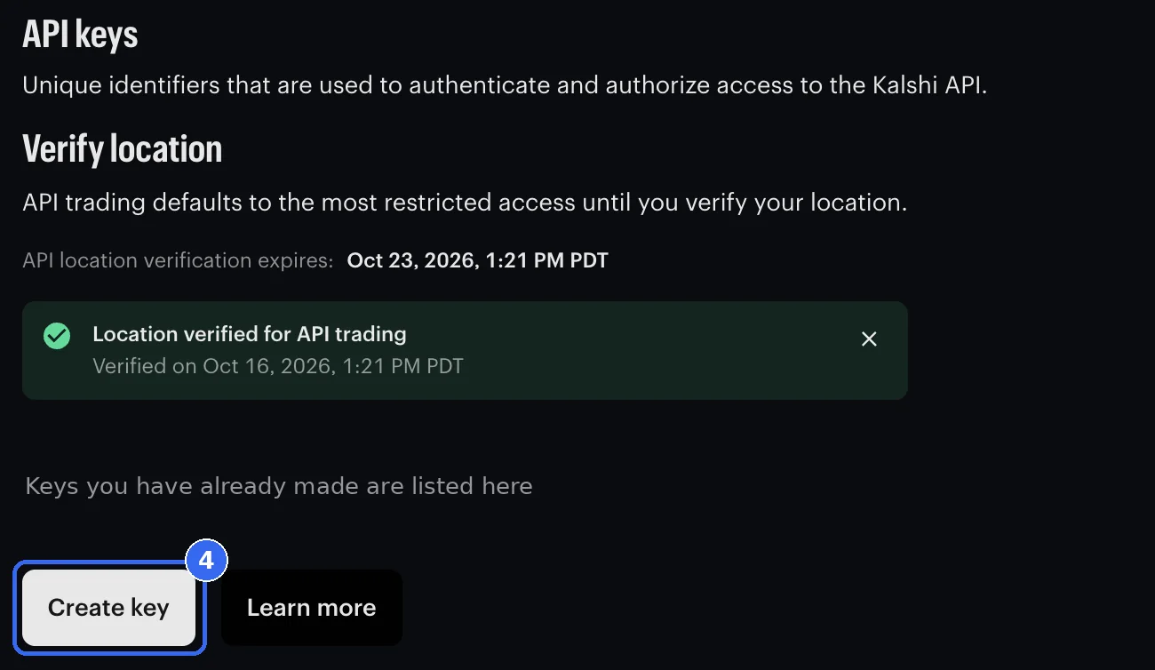 The API keys box on Account and security, with Verify location above and the Create key button ringed