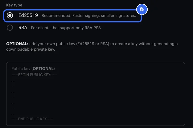 Key type, with Ed25519 picked and ringed, above the empty optional public key box