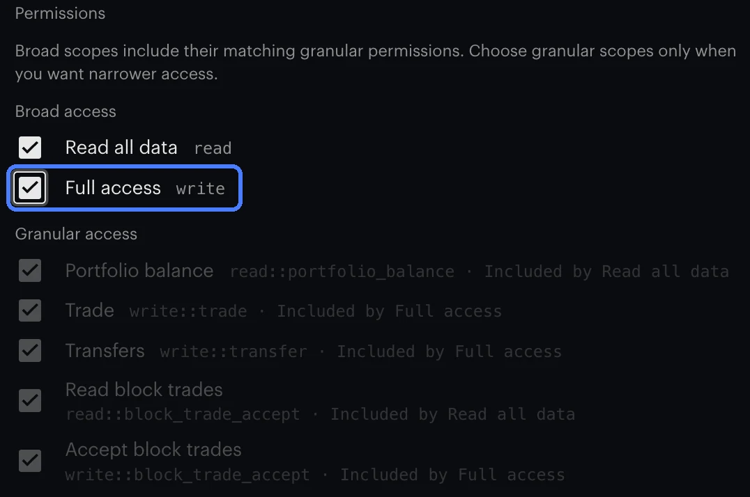 Kalshi&rsquo;s permission checkboxes with Read all data and Full access ticked, and Trade, Transfers and Accept block trades marked Included by Full access