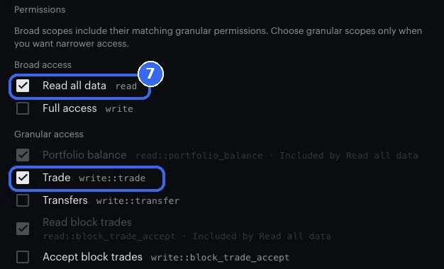 The Trade only option on Kalshi&rsquo;s permission checkboxes: Read all data and Trade ticked and ringed, Full access and Transfers empty
