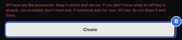 The bottom of Kalshi&rsquo;s Create API key window: a red warning about keeping keys secret, above the ringed Create button