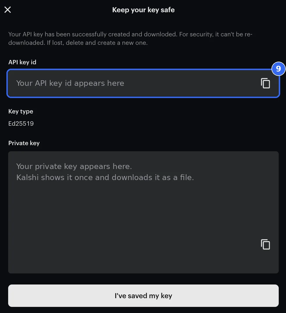 Kalshi&rsquo;s Keep your key safe window, with the key id box ringed and both values replaced by placeholder text