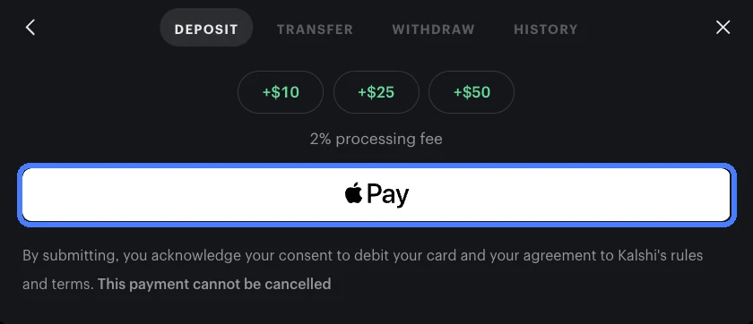 Kalshi&rsquo;s Apple Pay deposit screen with the +$10, +$25 and +$50 buttons, the 2% processing fee and the Apple Pay button ringed