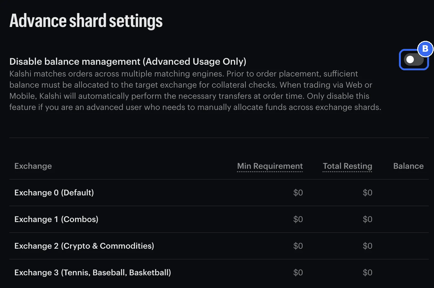 Advance shard settings, with the Disable balance management switch ringed, switched off