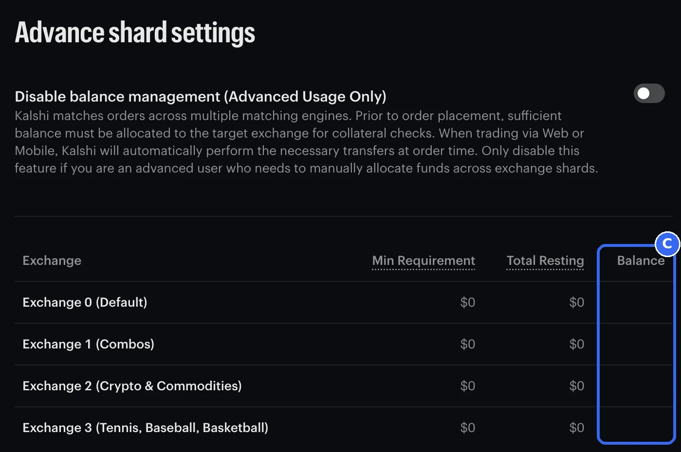 Kalshi&rsquo;s Advance shard settings table of exchanges 0 to 3, with the Balance column ringed and our balances covered