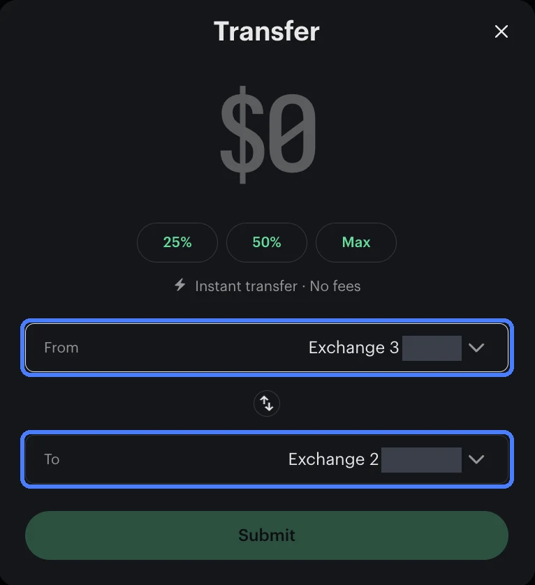 Kalshi&rsquo;s Transfer window moving cash from Exchange 3 to Exchange 2, with the From and To pickers ringed and balances covered